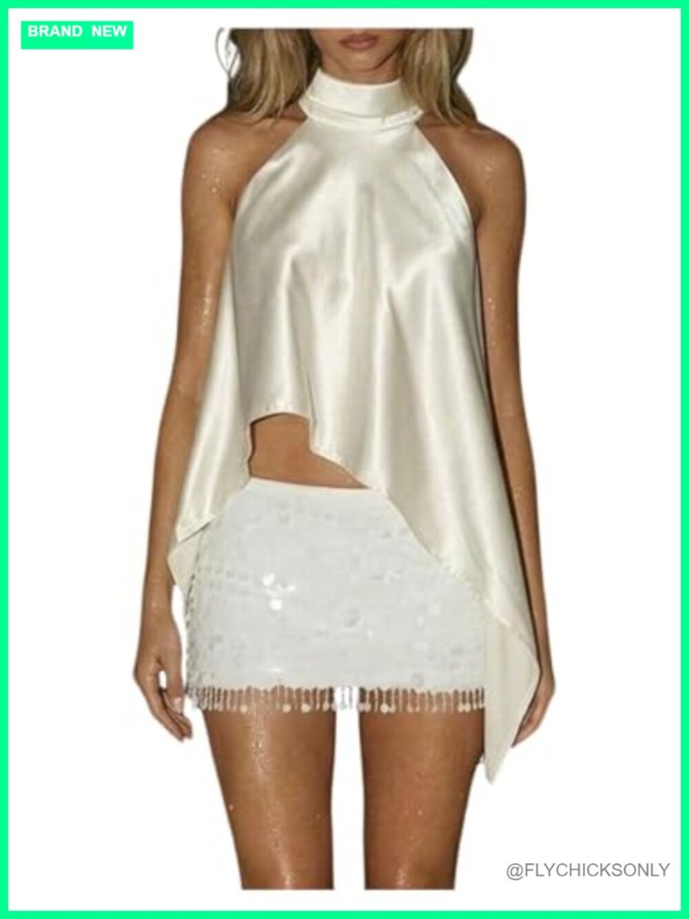 Satin Halter Blouse Asymmetrical High-Low Mock Neck Sleeveless Party Top